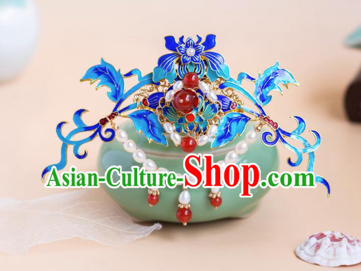 Traditional Chinese Hanfu Pearls Hair Jewelry China Ancient Empress Cloisonne Hair Crown Handmade Ming Dynasty Hairpin