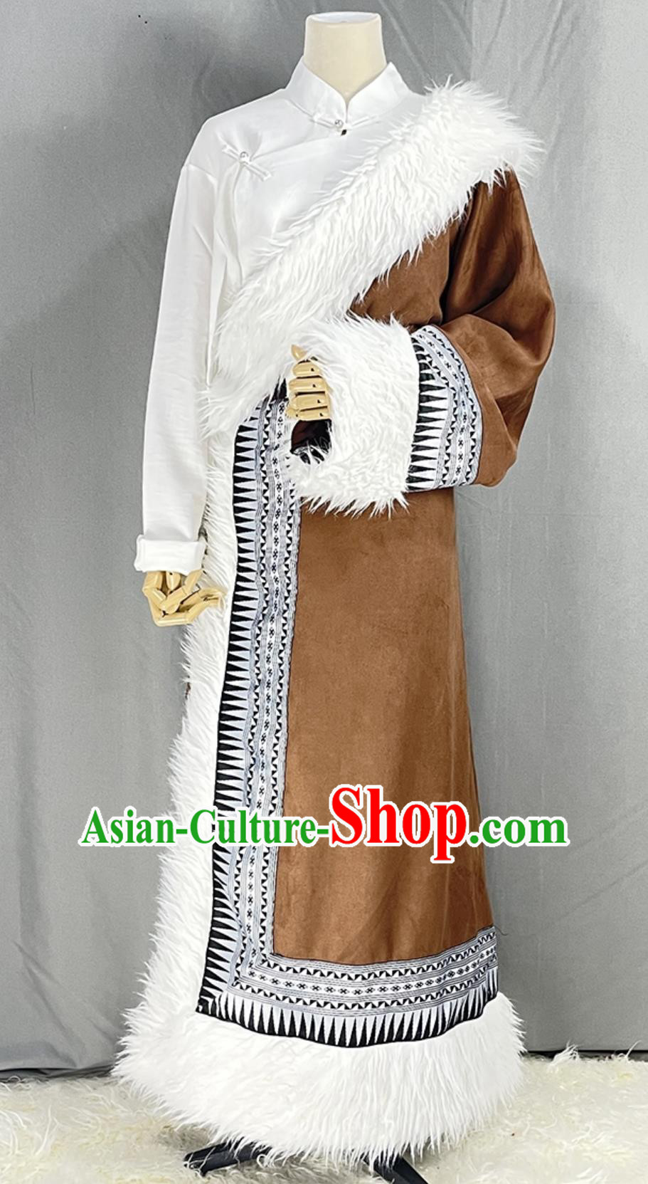 China Stage Performance Brown Tibetan Robe Zang Nationality Folk Dance Costume Xizang Ethnic Woman Clothing