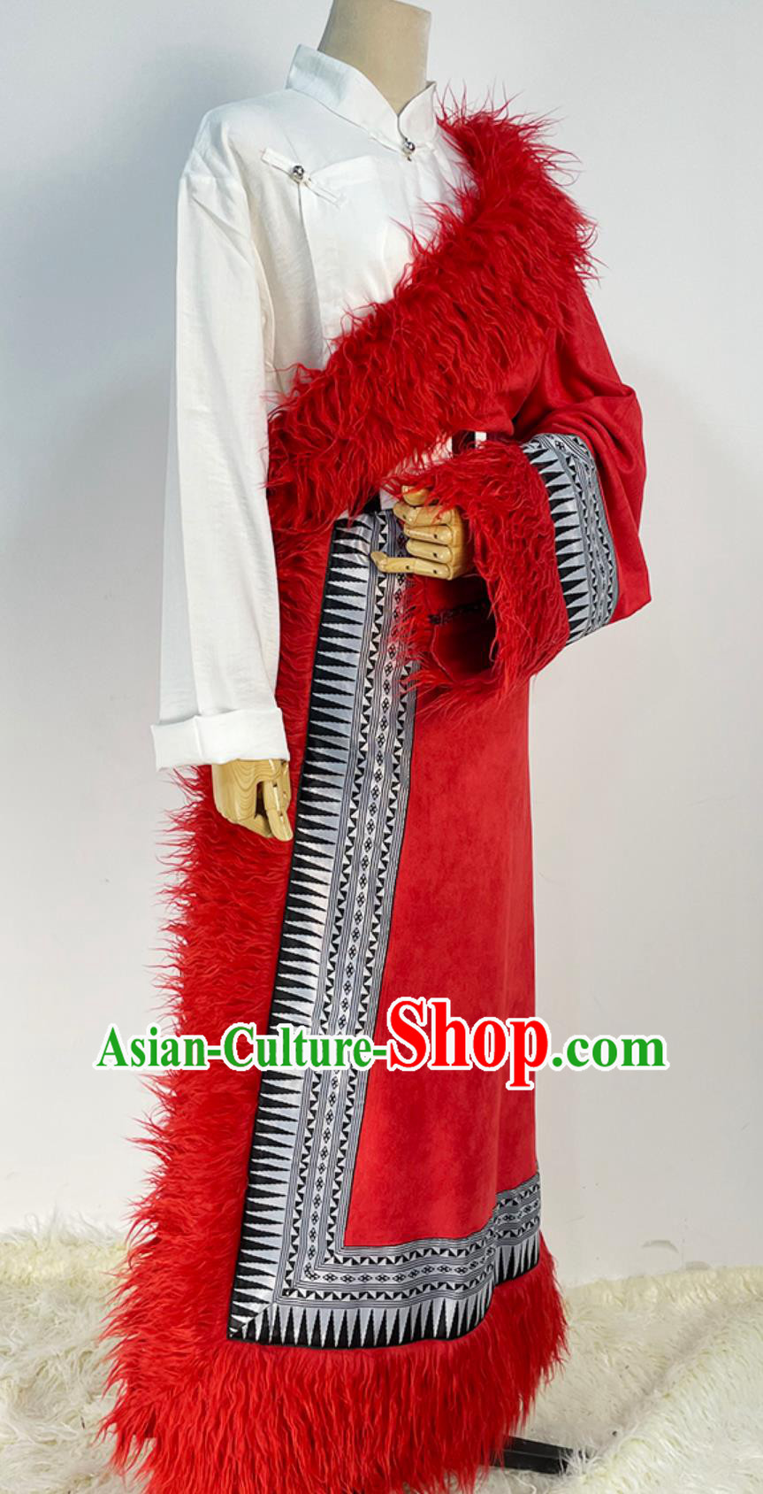 China Xizang Ethnic Woman Clothing Stage Performance Red Tibetan Robe Zang Nationality Folk Dance Costume