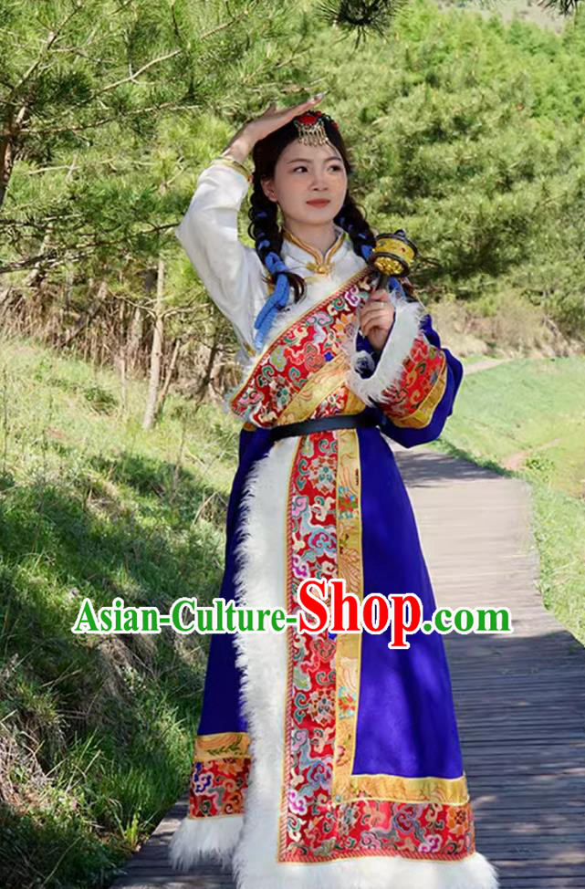China Zang Nationality Folk Dance Costume Xizang Ethnic Woman Clothing Stage Performance Royal Blue Tibetan Robe