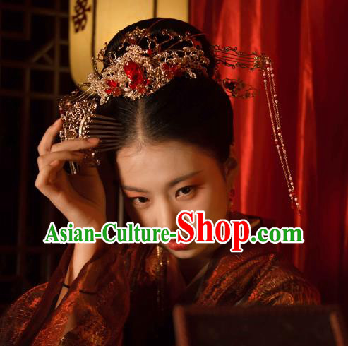 Traditional Chinese Hanfu Wedding Hair Jewelries China Ancient Princess Headdress Handmade Tang Dynasty Bride Hair Crown and Hairpins Complete Set