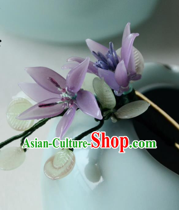 China Ancient Princess Purple Lily Flower Hairpin Handmade Ming Dynasty Dragonfly Hair Clip Traditional Chinese Hanfu Hair Jewelry