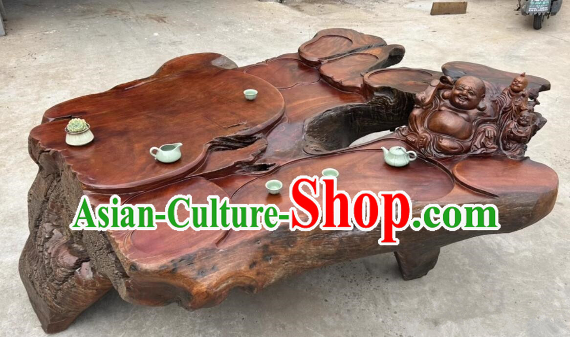 Hand Carved Maitreya Buddha Chinese Stunning Tree Root Tea Table