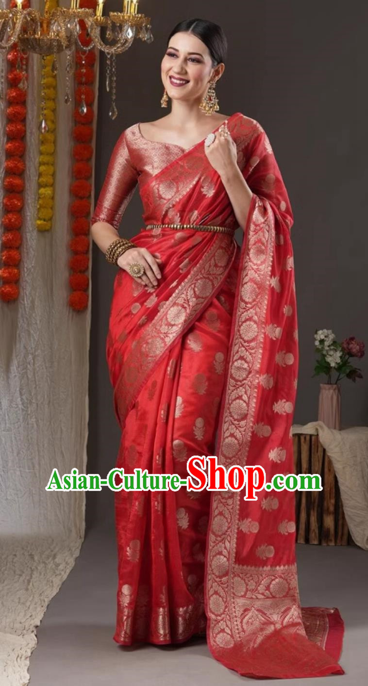 Indian Dress Traditional Woman Red Sari India Wedding Bride Clothing National Costume