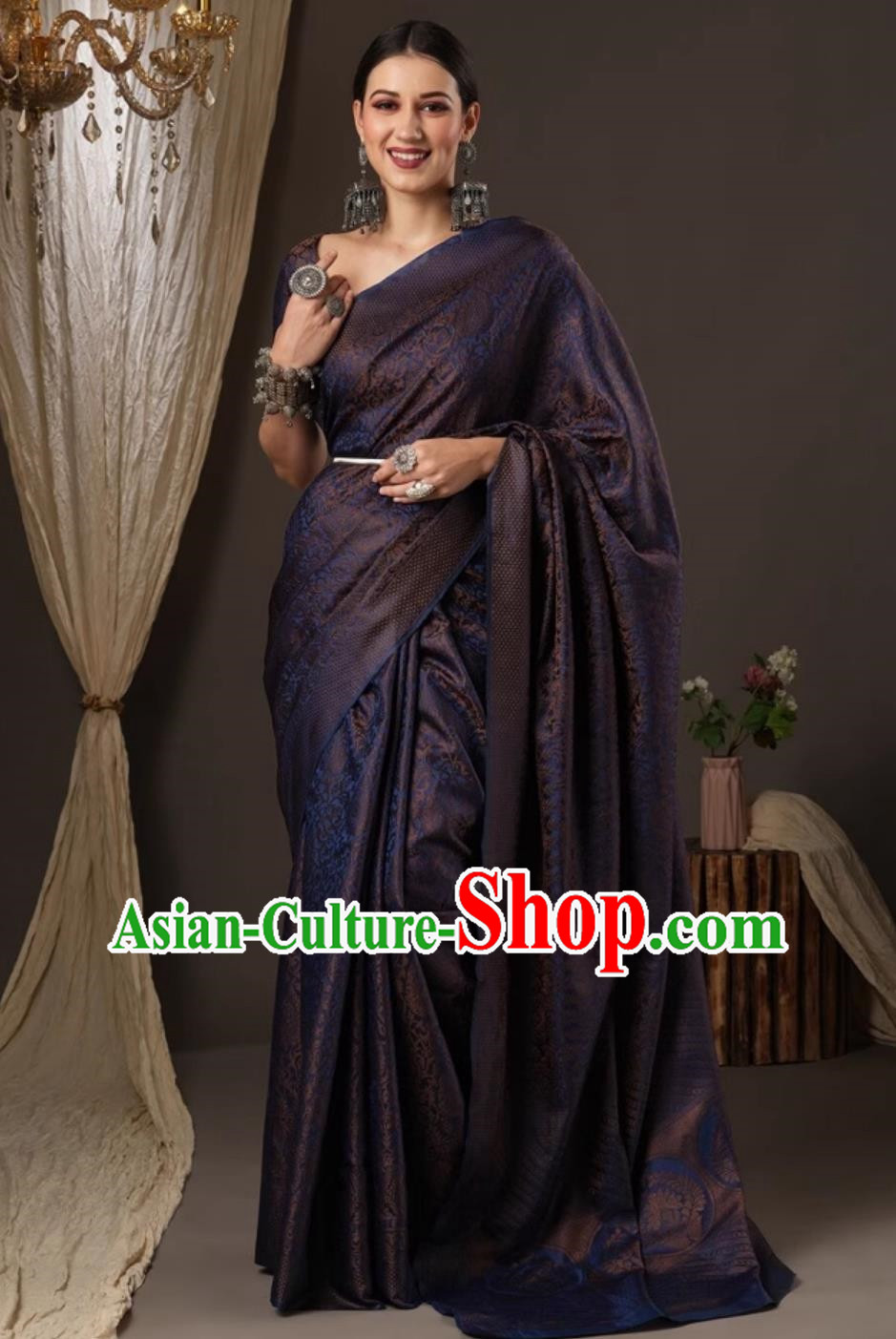 India Festival Clothing Indian National Costume Dark Blue Dress Traditional Woman Sari