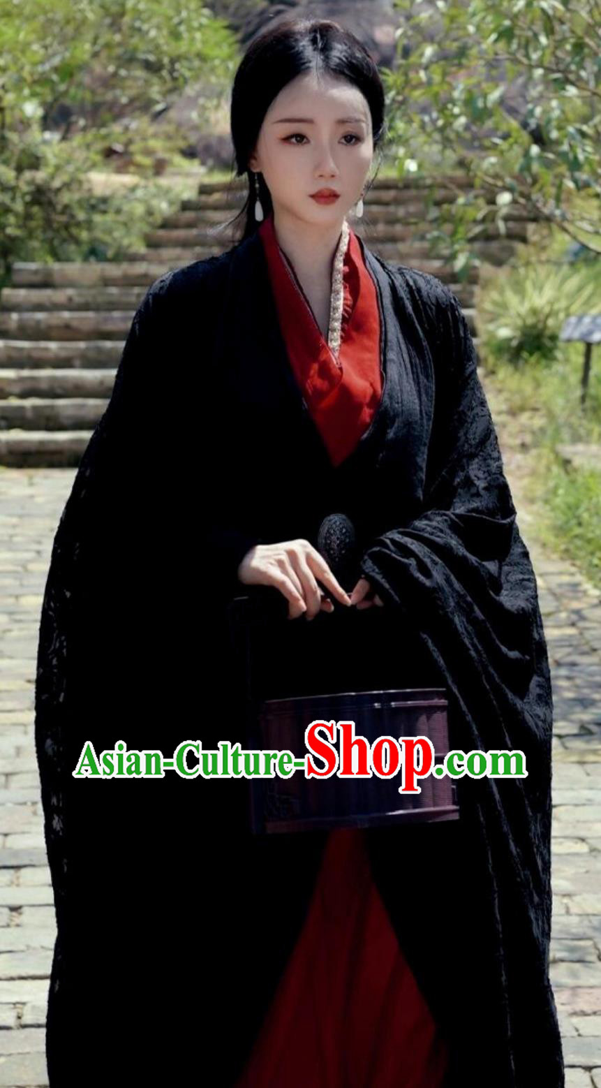 Ancient China Swordswoman Costume Black Warring States Robe Chinese Han Dynasty Noble Woman Hanfu Clothing