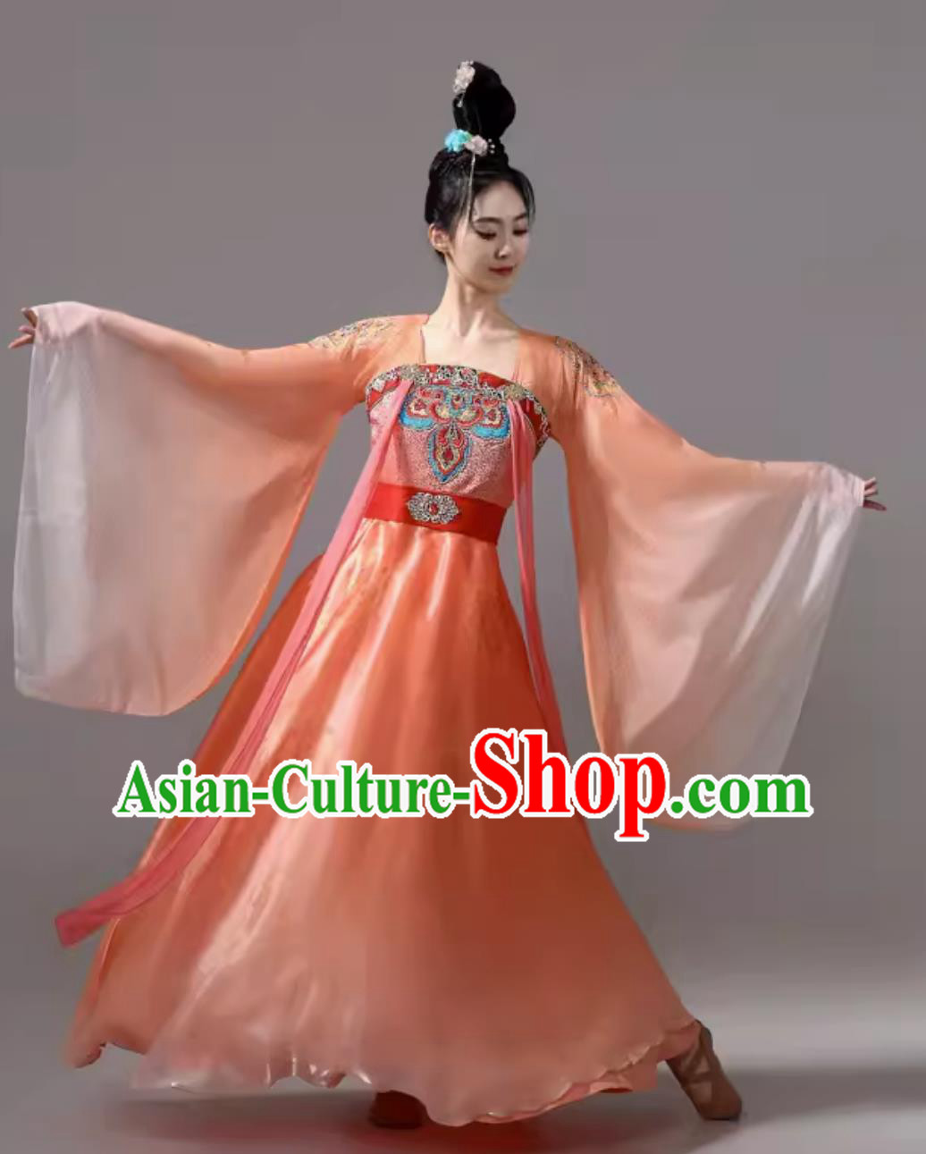 Traditional Hanfu Wide Sleeve Costume Ancient Chinese Clothing Classical Dance Orange Dress