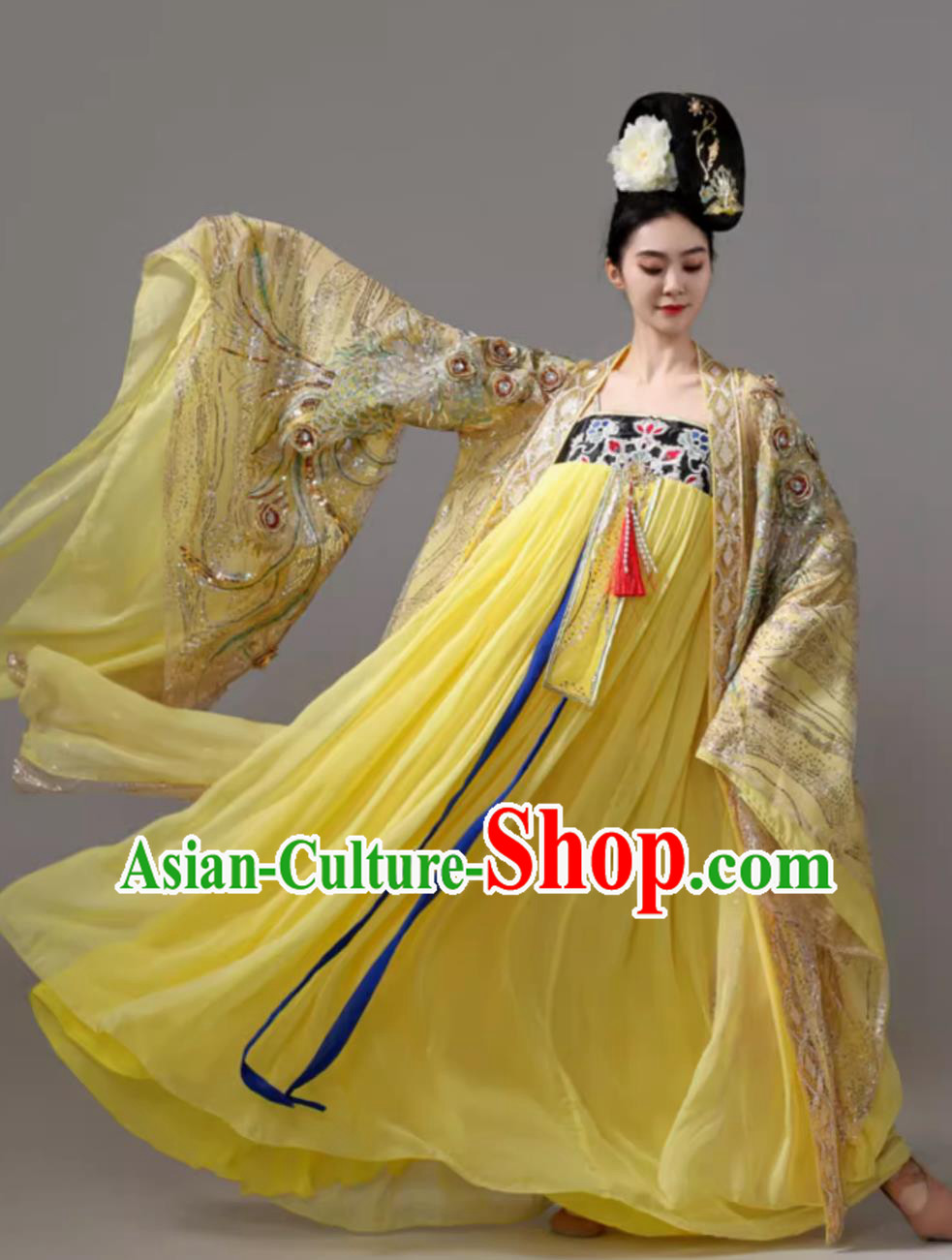 China Tang Dynasty Empress Yellow Hanfu Dress Traditional Stage Performance Classical Dance Costume Ancient Chinese Clothing