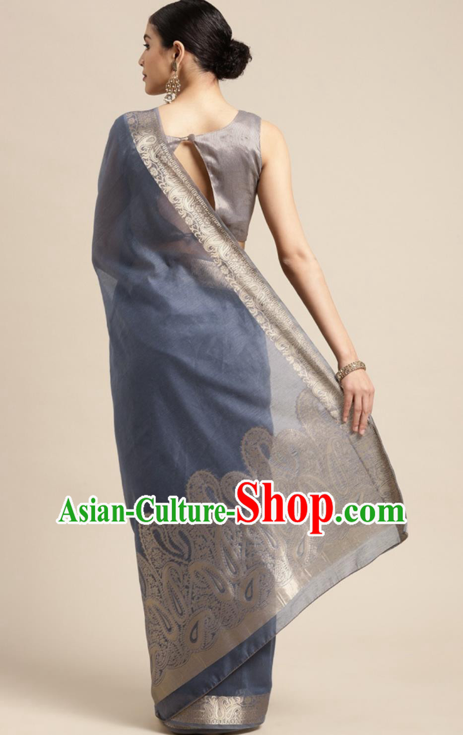 Indian National Clothing Traditional Festival Dusty Blue Sari Dress India Woman Costume