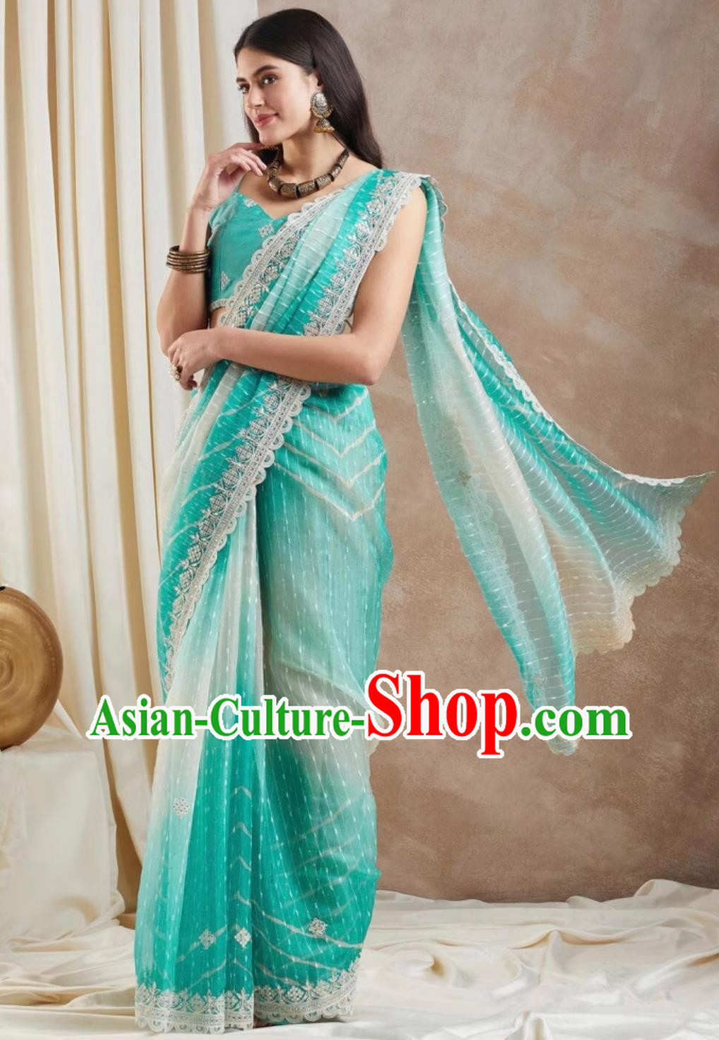 Traditional Festival Sky Blue Sari Dress India Woman Embroidery Costume Indian National Clothing