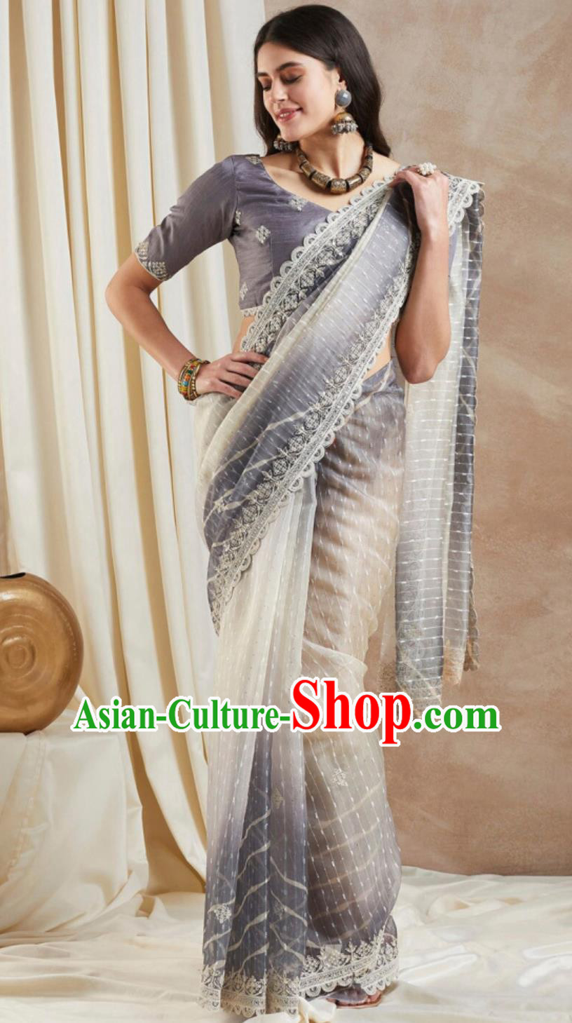 Indian National Clothing Traditional Festival Grey Sari Dress India Woman Embroidery Costume