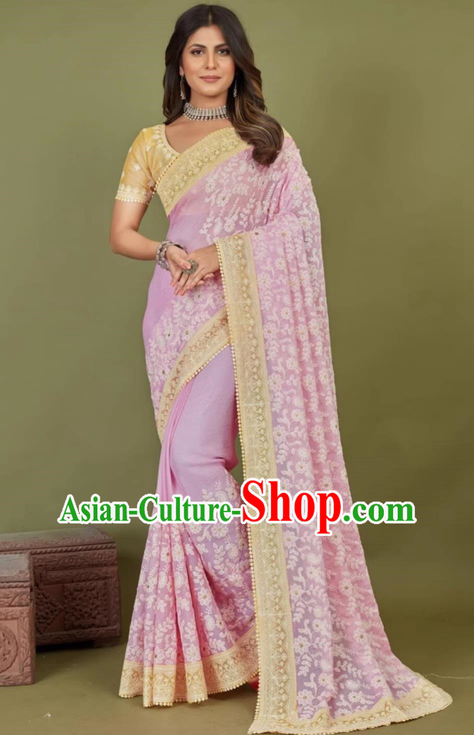 Indian National Clothing Traditional Festival Lilac Embroidered Sari Dress India Woman Summer Costume