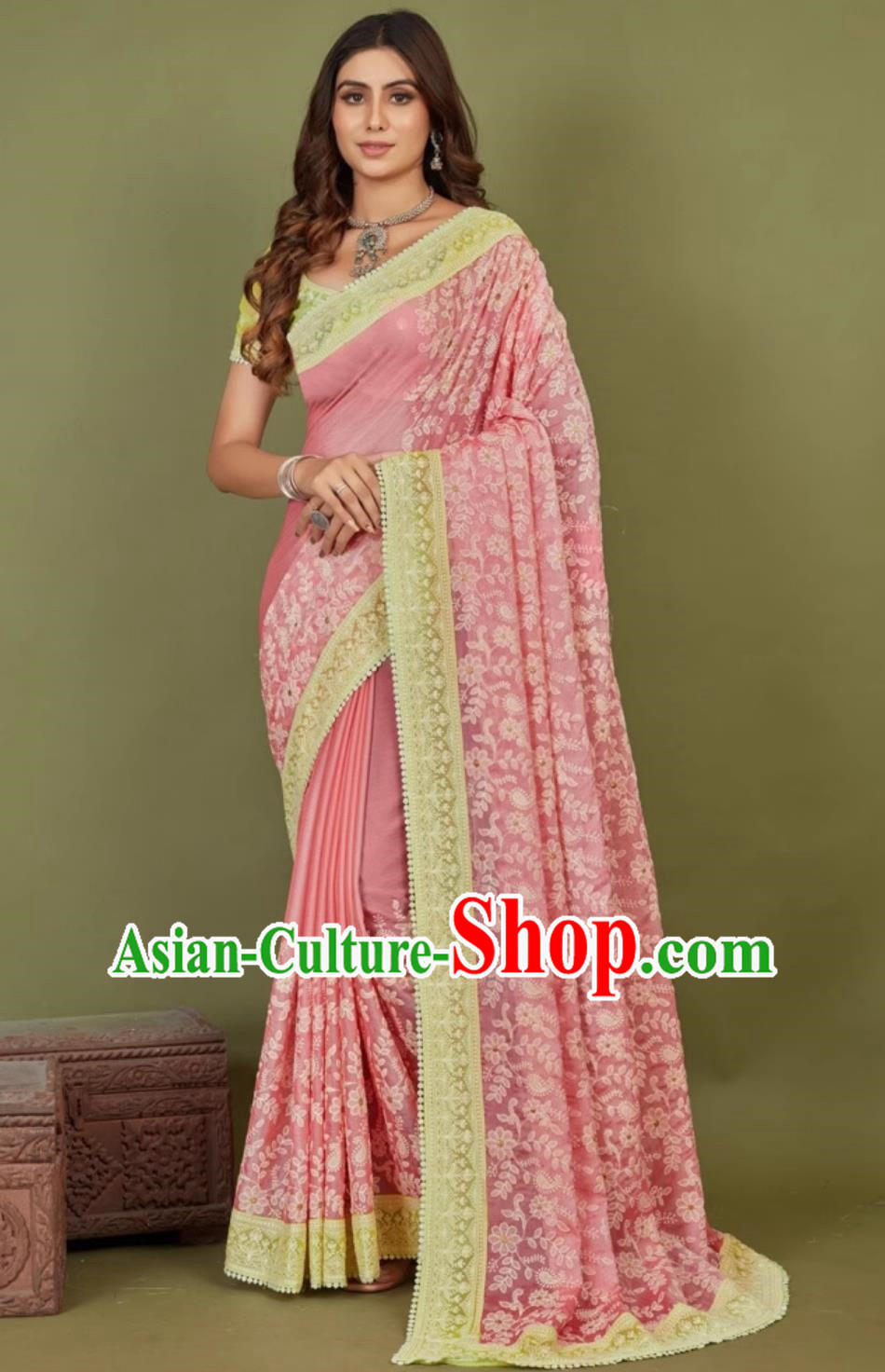 India Woman Summer Costume Indian National Clothing Traditional Festival Pink Embroidered Sari Dress