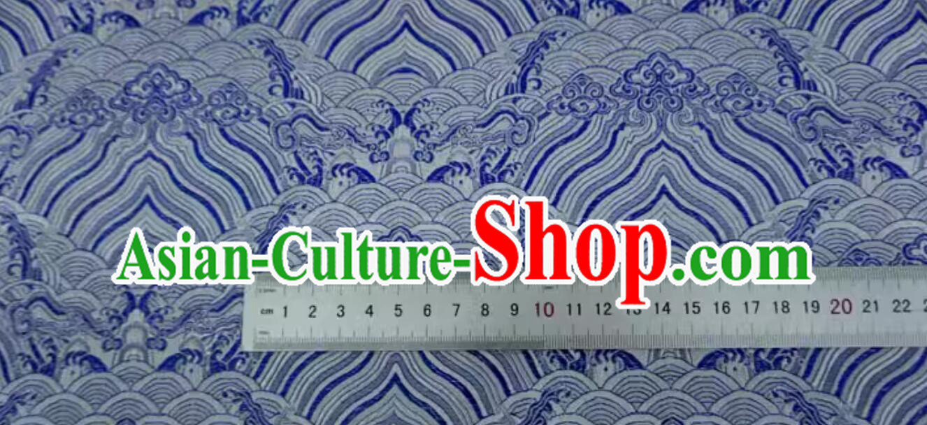Chinese Brocade Fabric Tang Suit Material Traditional Wave Pattern Design Blue Cloth
