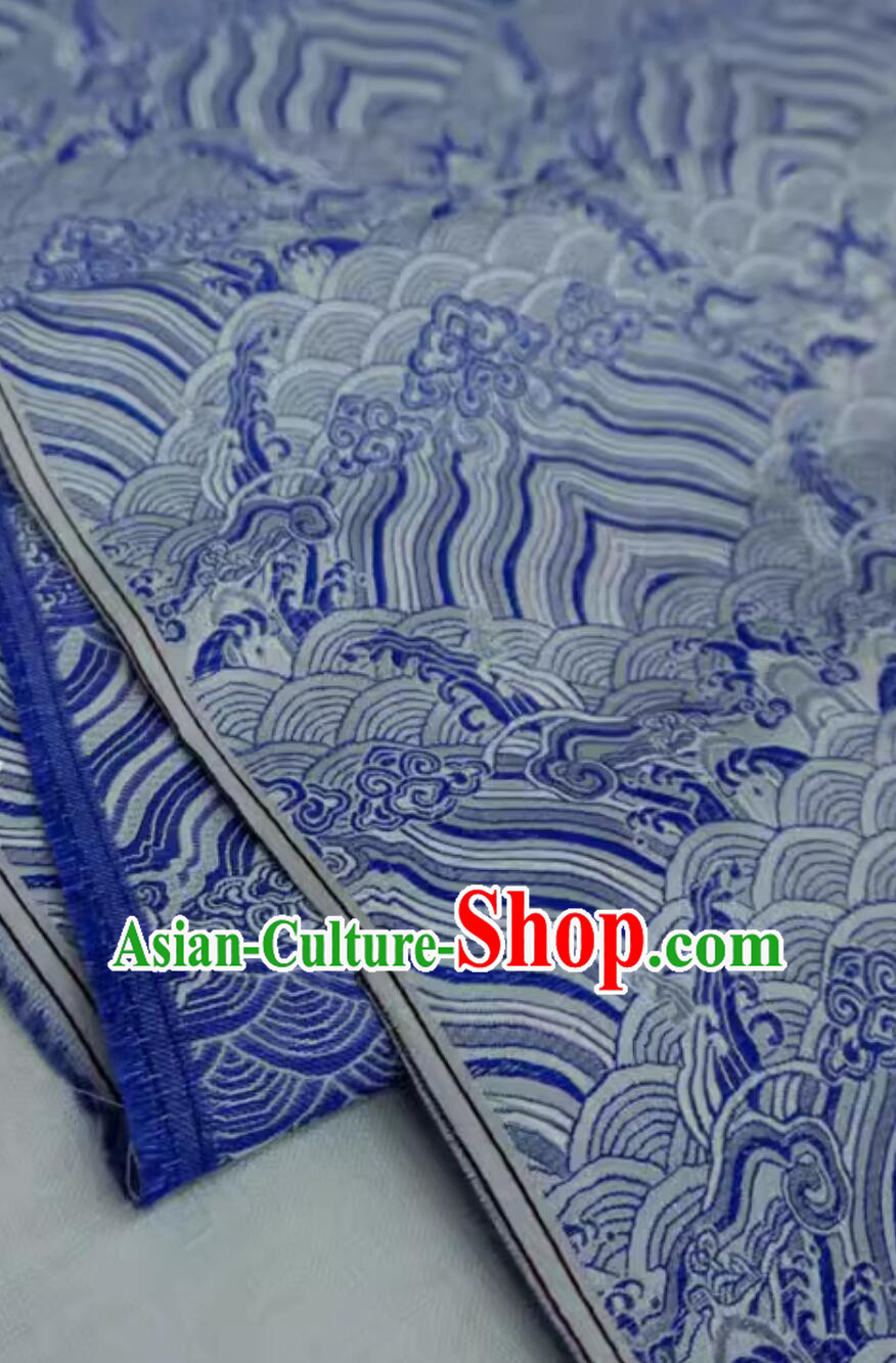 Chinese Brocade Fabric Tang Suit Material Traditional Wave Pattern Design Blue Cloth
