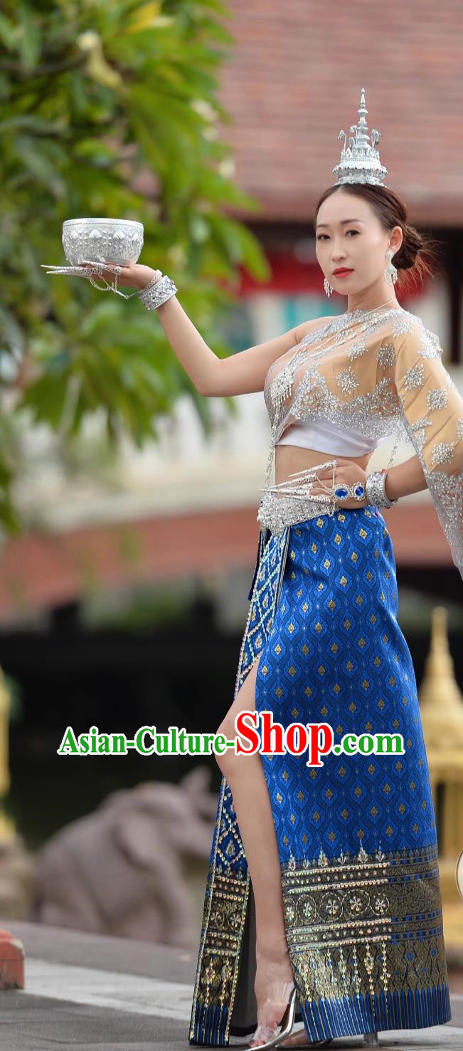 Chinese Dai Princess Clothing Thailand Costume Women Handmade Beaded Bra Skirt with Split Shots Complete Set