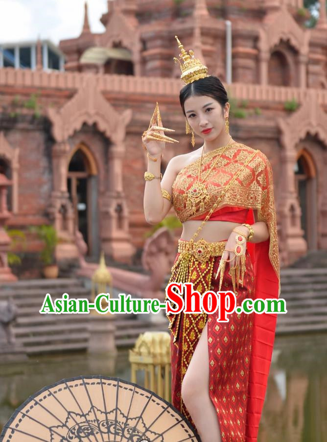 Thai Handmade Beaded Bra Skirt with Split Red Thailand Women Costume Chinese Dai Princess Clothing