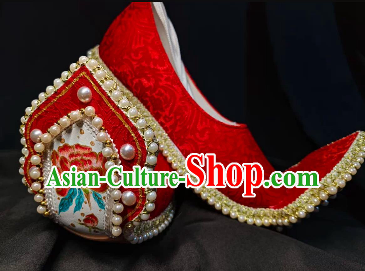 Handmade China Tang Dynasty Curved Toe Shoes Traditional Hanfu Stage Show Shoes Ancient Chinese Wedding Bride Red Shoes