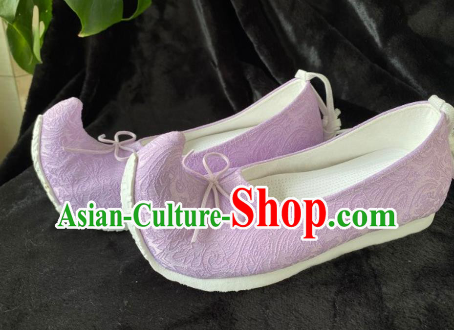 Ancient Chinese Princess Lilac Shoes Handmade China Song Dynasty Empress Curved Toe Shoes Traditional Hanfu Stage Show Shoes