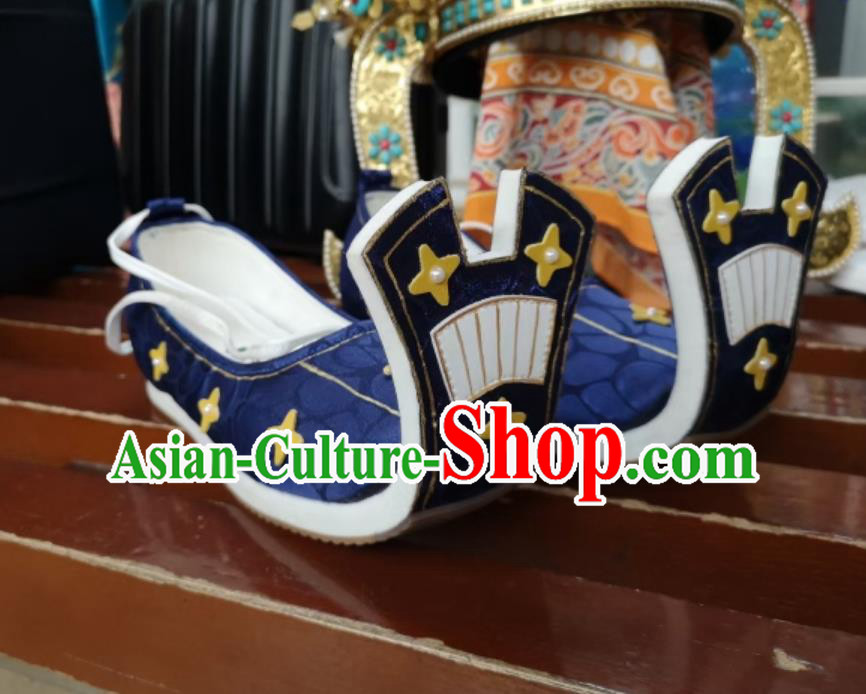 Handmade China Tang Dynasty Curved Toe Shoes Traditional Hanfu Show Shoes Ancient Chinese Princess Blue Shoes