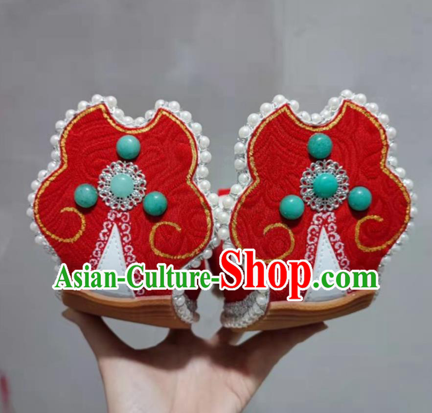 Traditional Yongle Palace Mural Hanfu Show Shoes Ancient Chinese Princess Red Shoes Handmade China Tang Dynasty Wedding Shoes