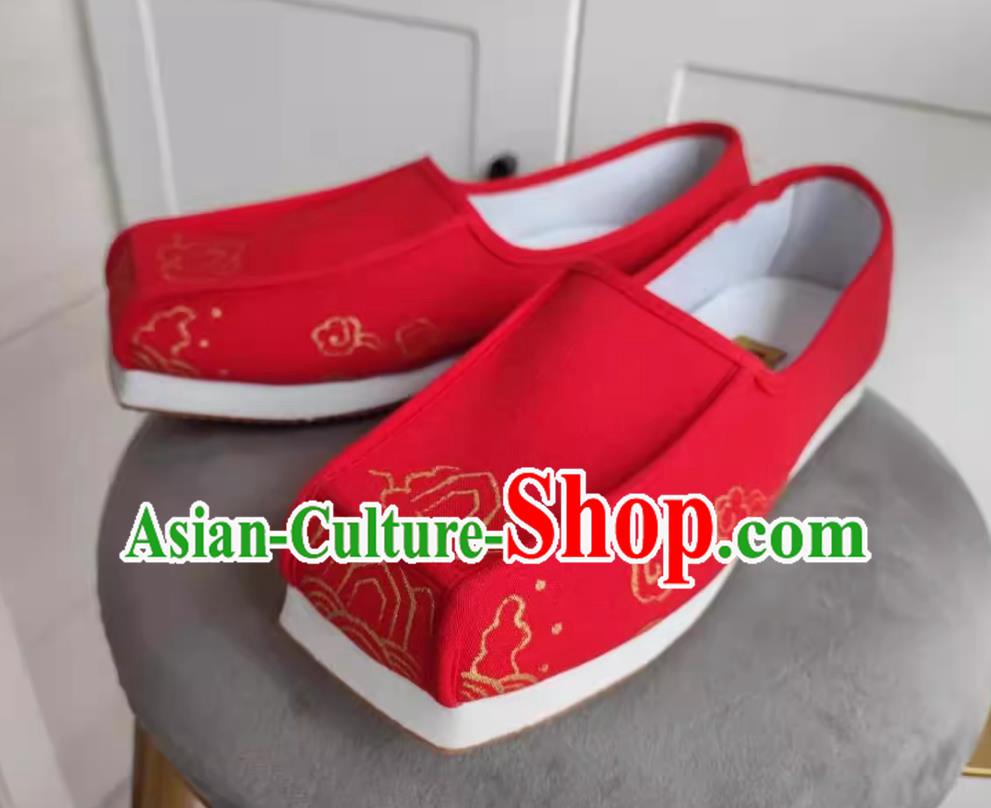 Traditional Hanfu Red Linen Shoes Ancient Chinese Scholar Shoes China Ming Dynasty Male Square Toe Shoes