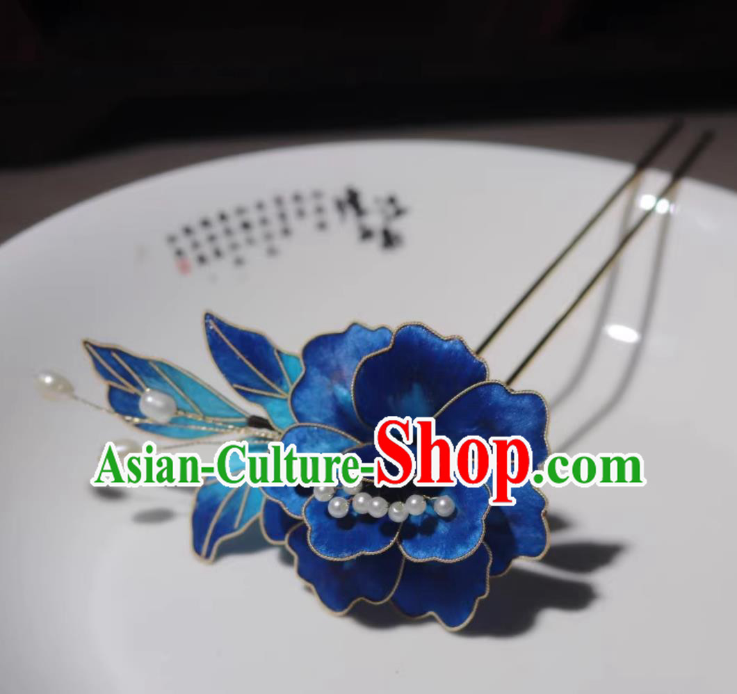 Ancient Chinese Empress Silk Hairpin Handmade China Ming Dynasty Court Woman Royal Blue Peony Hair Clip Traditional Hanfu Hair Jewelry