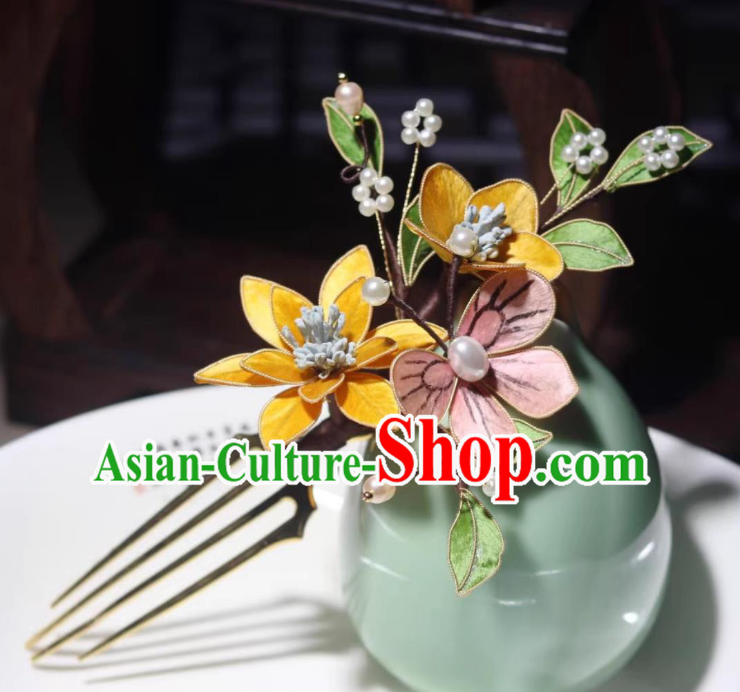 Traditional Hanfu Hair Jewelry Ancient Chinese Princess Hairpin Handmade China Ming Dynasty Silk Flower Hair Comb