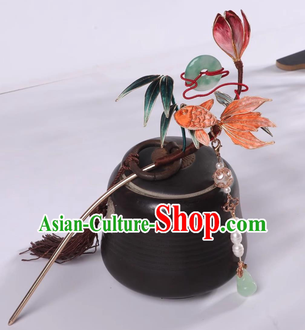 Handmade Chinese Ming Dynasty Silk Carp Hairpin Ancient China Princess Tassel Hair Clip Traditional Hanfu Hair Jewelry