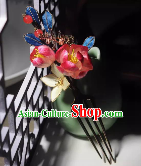 Ancient Chinese Princess Hairpin Handmade China Ming Dynasty Silk Flower Hair Comb Traditional Hanfu Hair Jewelry