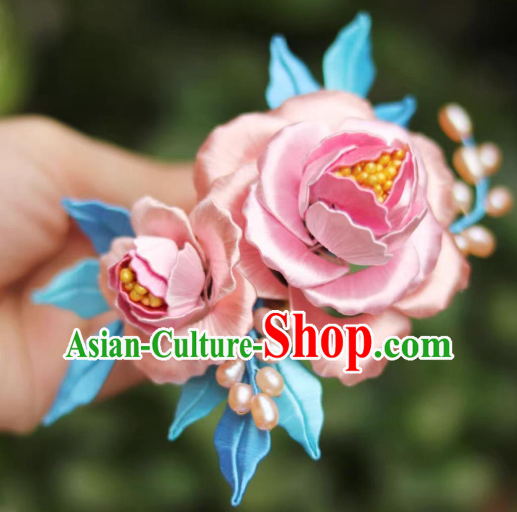 Chinese Tang Dynasty Empress Silk Peony Hair Comb Ancient China Hanfu Hairpin Traditional Intangible Heritage Artwork Handmade Headpiece