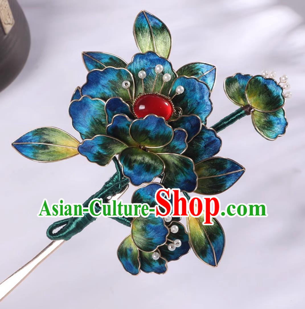 Handmade China Qing Dynasty Blue Silk Peony Hair Comb Traditional Hanfu Hair Jewelry Ancient Chinese Empress Hairpin