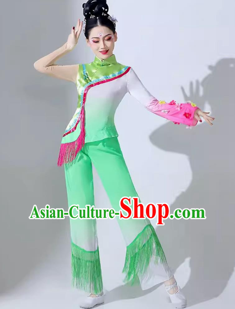 Women Group Yangko Performance Clothing Chinese Folk Dance Costume Fan Dance Jasmine Green Outfit