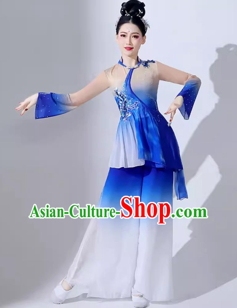 Chinese Classical Dance Costume Umbrella Dance Blue Outfit Women Group Performance Clothing