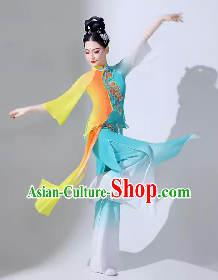 Women Group Performance Clothing Chinese Classical Dance Costume Umbrella Dance Blue Outfit