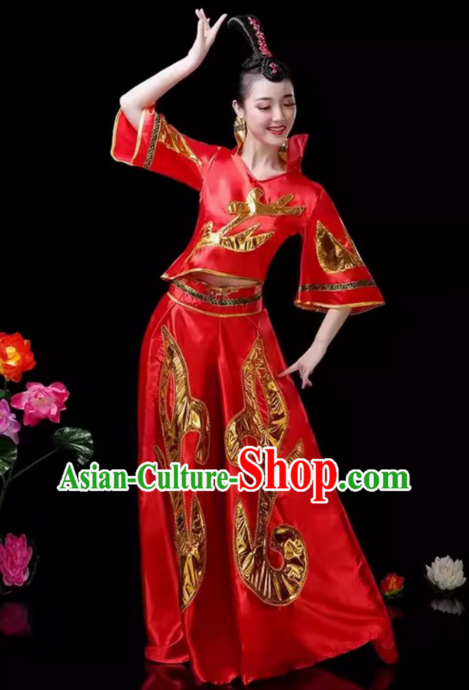 Women Group Yangko Performance Clothing Chinese Folk Dance Costume Traditional Drum Dance Red Outfit