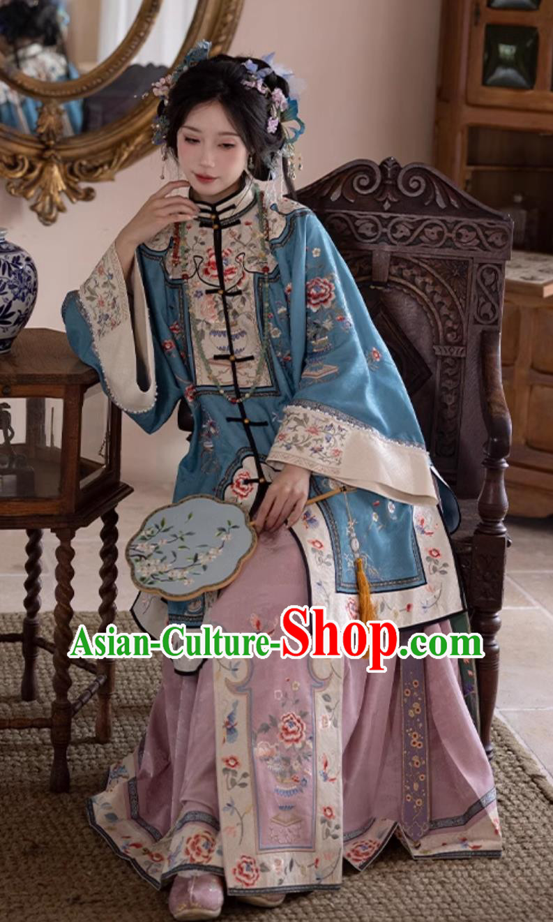 Ancient China Noble Lady Blue Blouse and Mamian Skirt Chinese Qing Dynasty Young Woman Clothing Complete Set