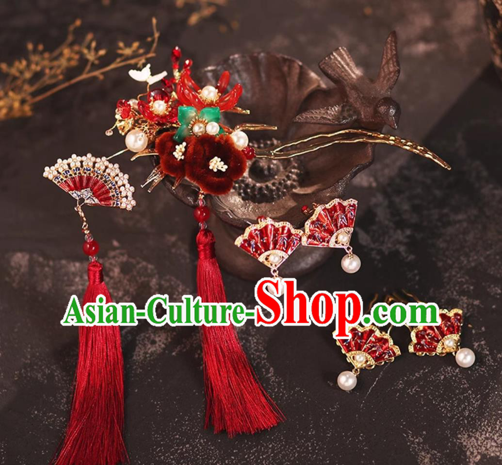 Traditional Chinese Wedding Red Tassel Headpieces China Cheongsam Hair Jewelries Handmade Bride Hair Accessories and Earrings