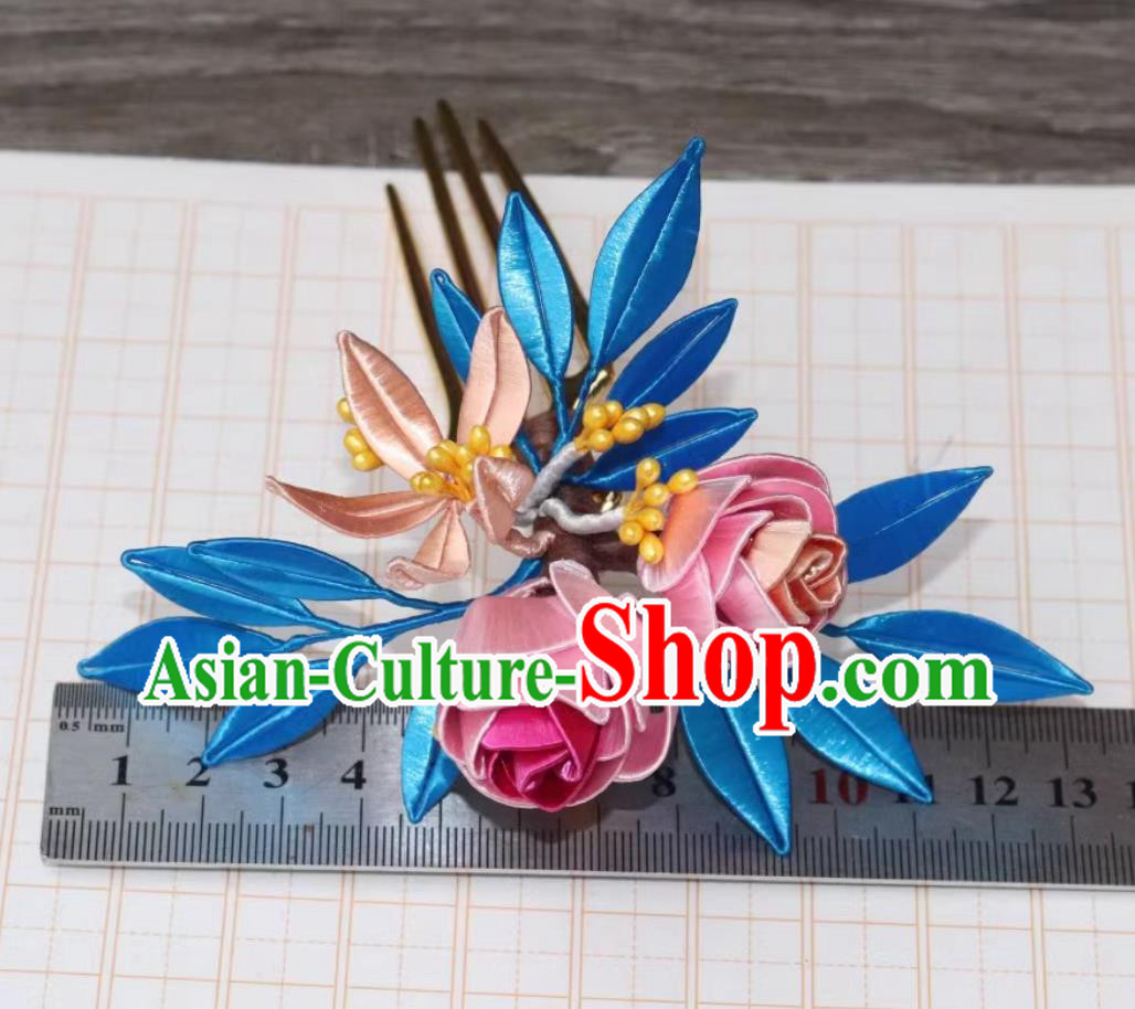 Handmade Intangible Cultural Heritage Silk Rose Hair Comb Traditional Chinese Ming Dynasty Hairpin China Hanfu Hair Jewelry