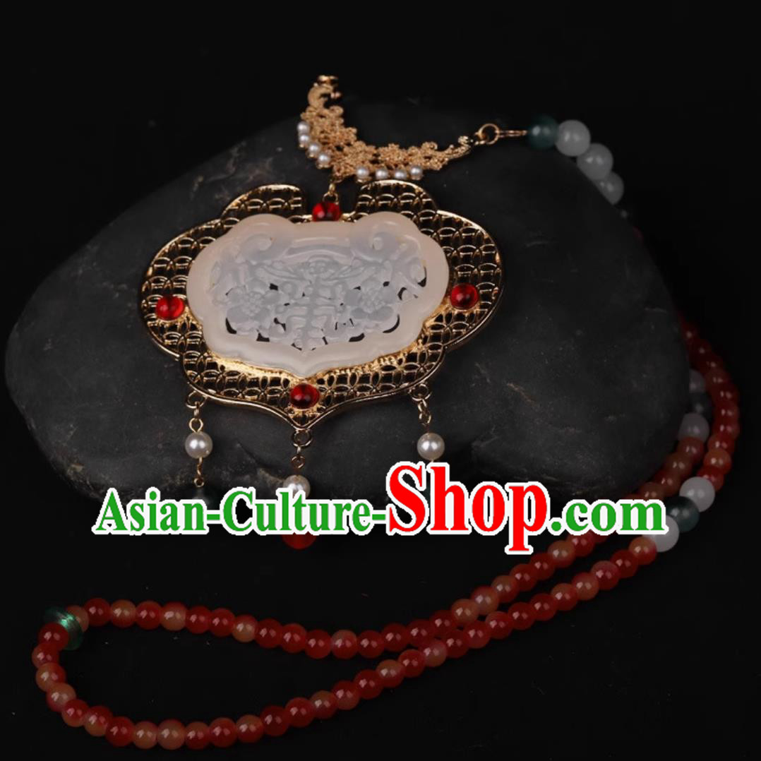 China Hanfu Jewelry Handmade Ancient Princess Necklace Traditional Chinese Ming Dynasty Jade Necklet