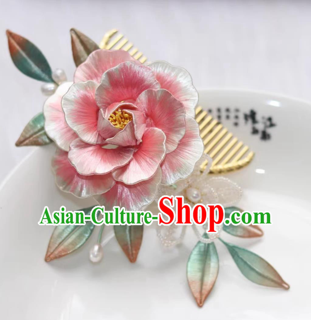 Traditional Chinese Tang Dynasty Hairpin China Hanfu Hair Jewelry Handmade Ancient Princess Pink Silk Peony Hair Comb