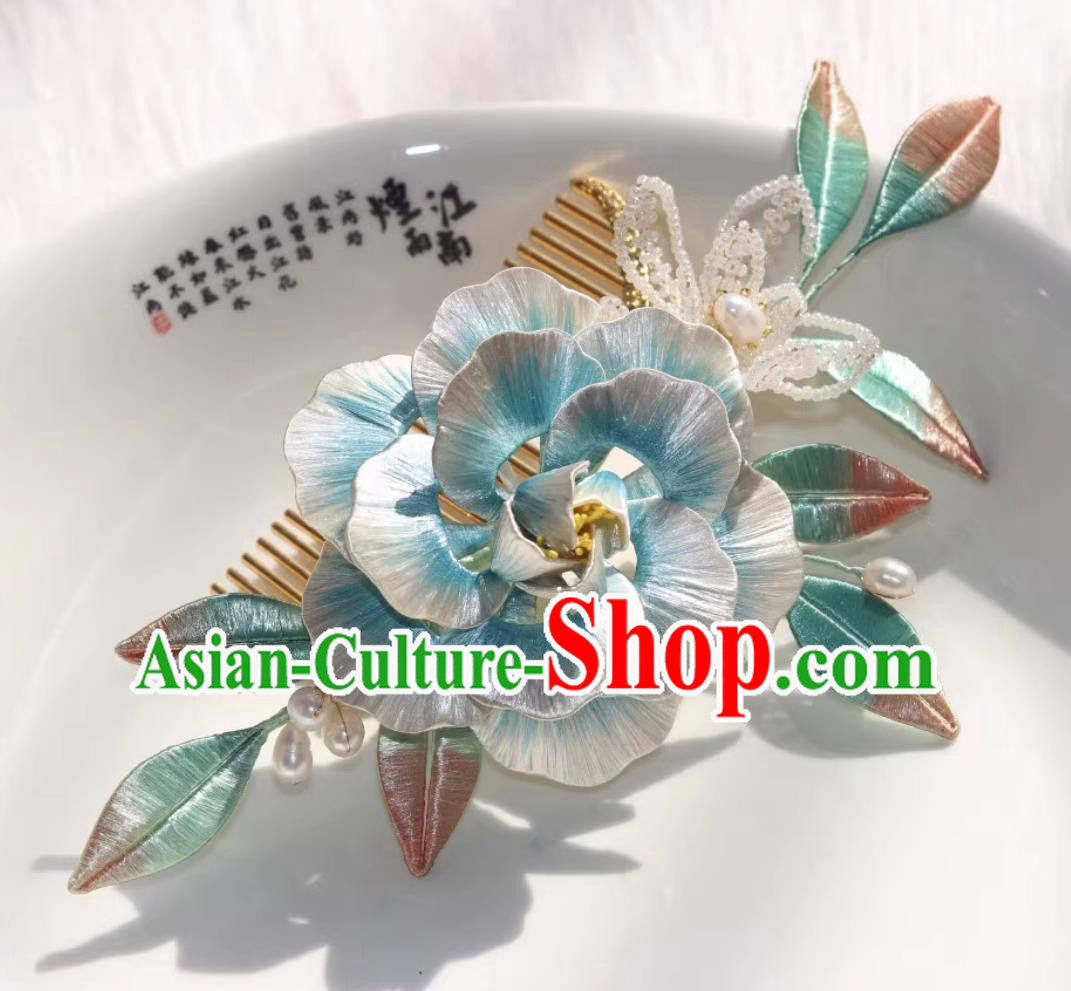 China Hanfu Hair Jewelry Handmade Ancient Princess Light Blue Silk Peony Hair Comb Traditional Chinese Tang Dynasty Hairpin