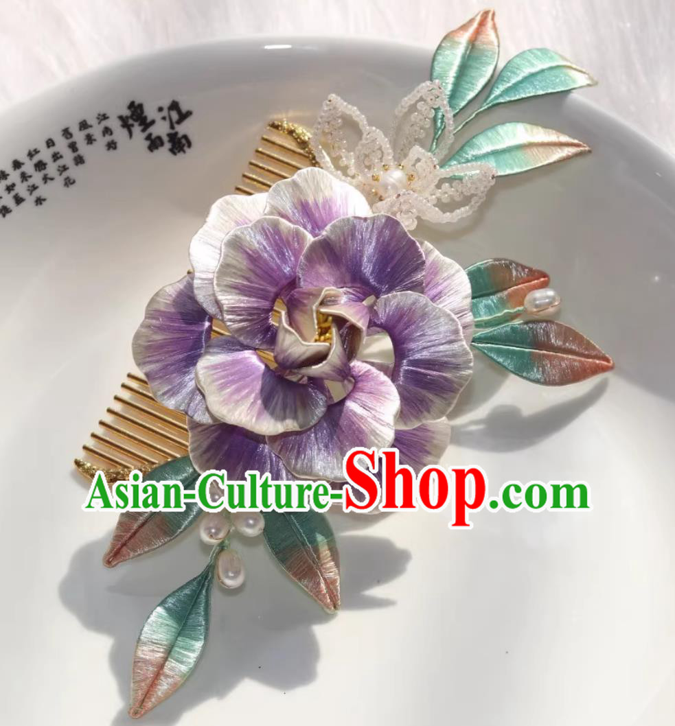 Traditional Chinese Tang Dynasty Hairpin China Hanfu Hair Jewelry Handmade Ancient Princess Purple Silk Peony Hair Comb