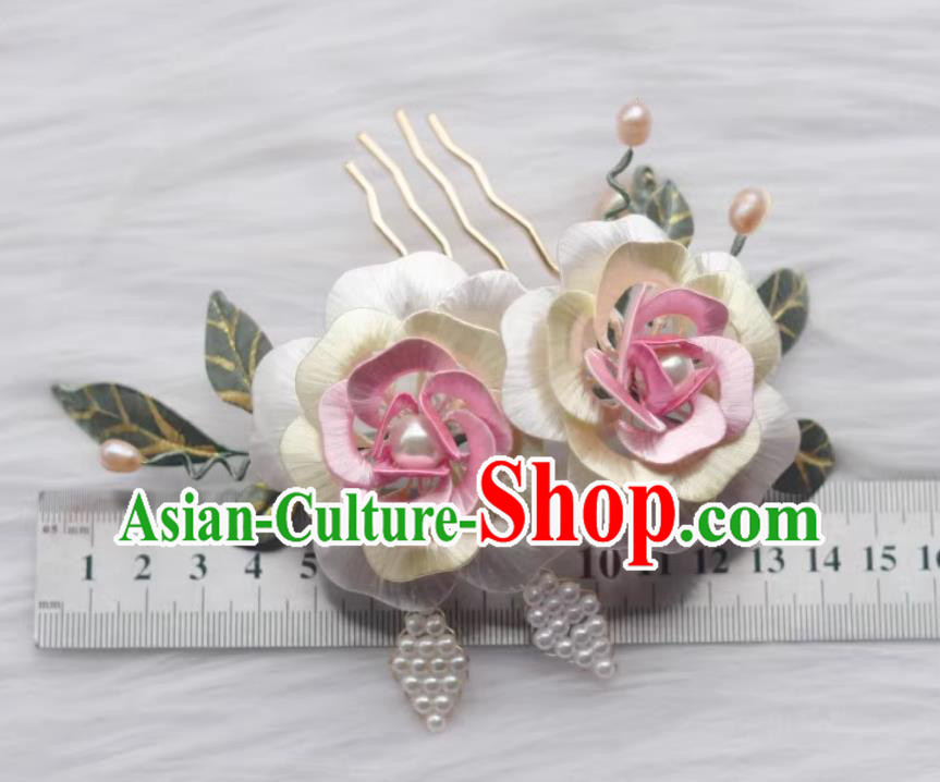 China Hanfu Hair Jewelry Handmade Ancient Princess White Silk Peony Hair Comb Traditional Chinese Tang Dynasty Hairpin