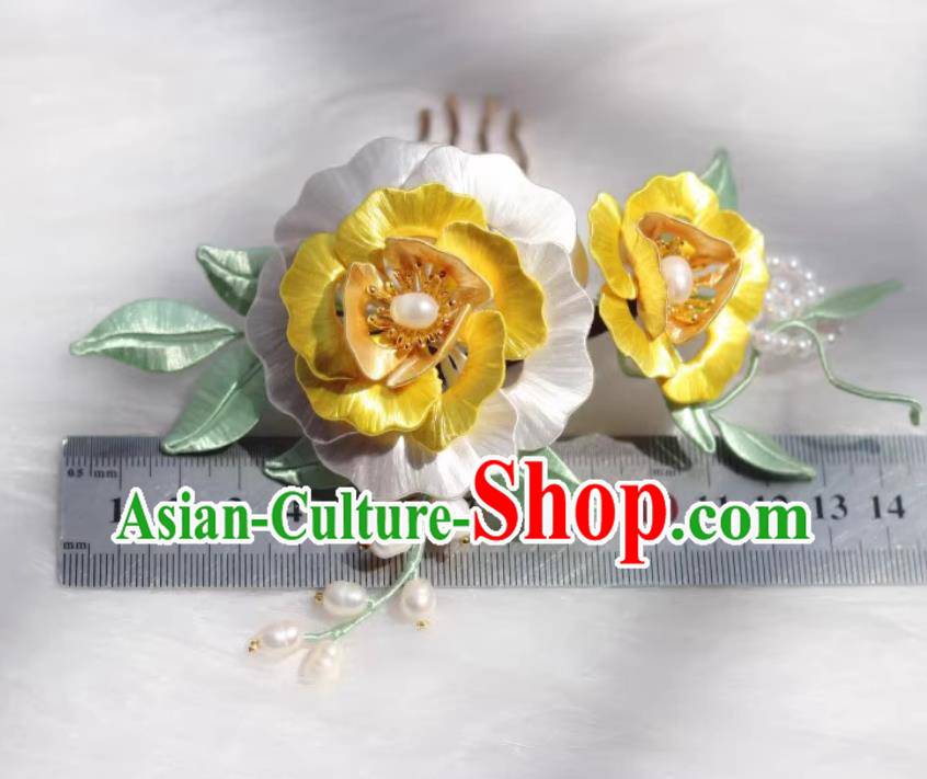 Chinese Tang Dynasty Hairpin Traditional China Hanfu Hair Jewelry Handmade Ancient Princess Yellow Silk Peony Hair Comb