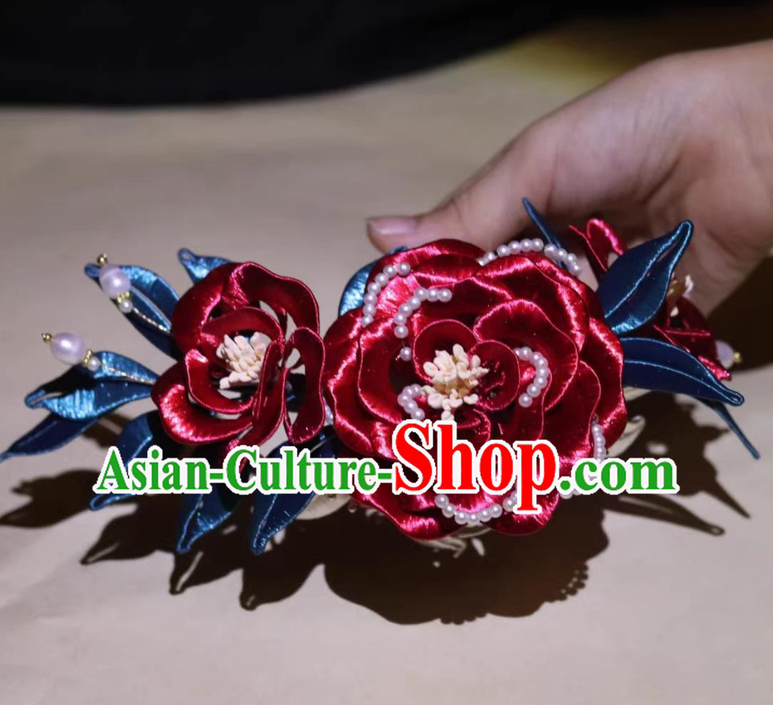 Handmade Ancient Princess Wine Red Silk Peony Hair Comb Chinese Tang Dynasty Pearls Hairpin Traditional China Hanfu Hair Jewelry