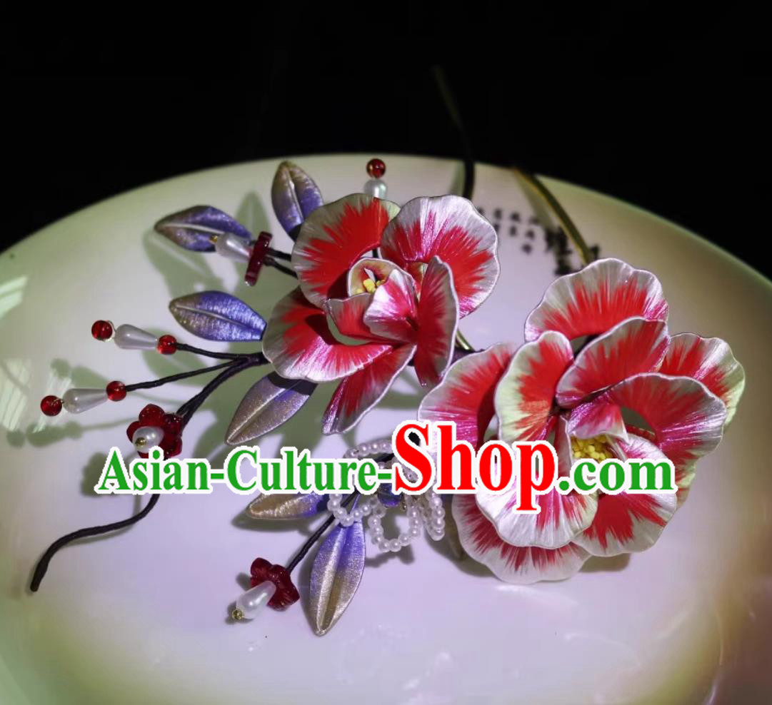 Traditional China Hanfu Hair Jewelry Handmade Ancient Princess Silk Peony Hair Clip Chinese Tang Dynasty Pearls Hairpin