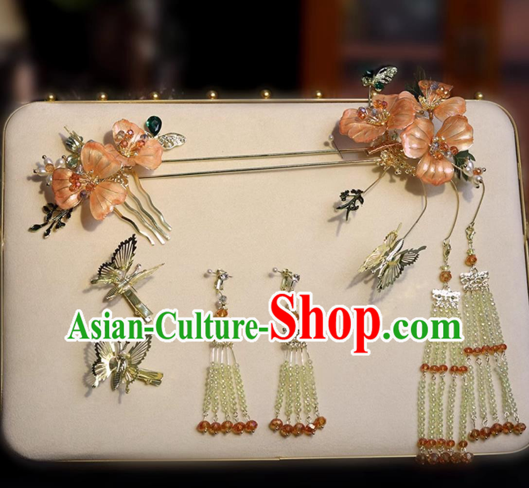 Handmade Bride Hair Accessories and Earrings Traditional Chinese Wedding Headpieces China Hanfu Hair Jewelries