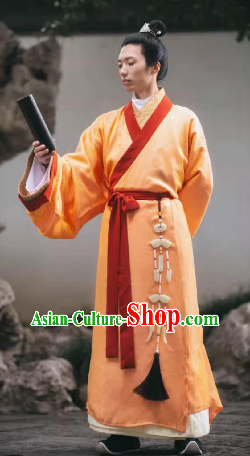 China Travel Photography Scholar Costume Traditional Orange Hanfu Robe Ancient China Young Childe Clothing