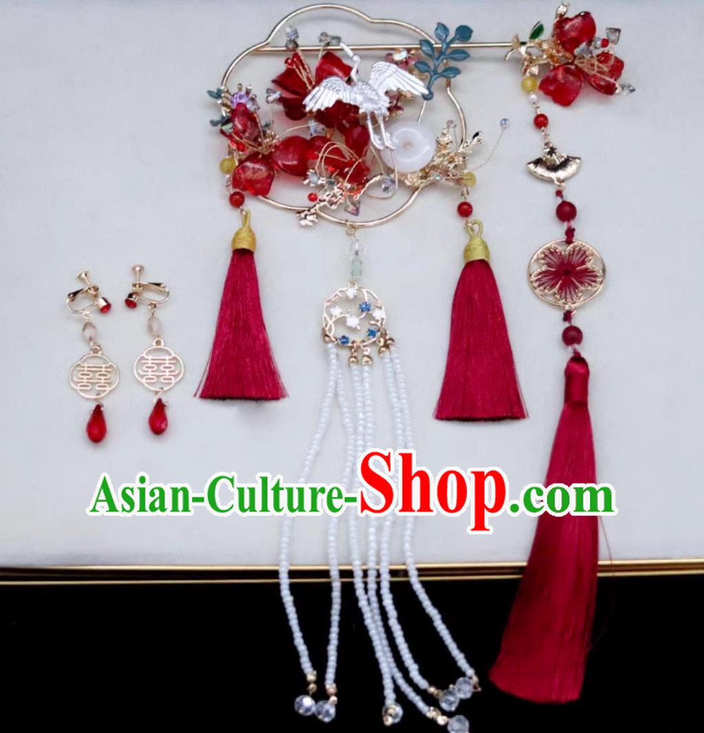 China Cheongsam Hair Jewelries Handmade Bride Hair Accessories and Earrings Traditional Chinese Wedding Red Tassel Headpieces